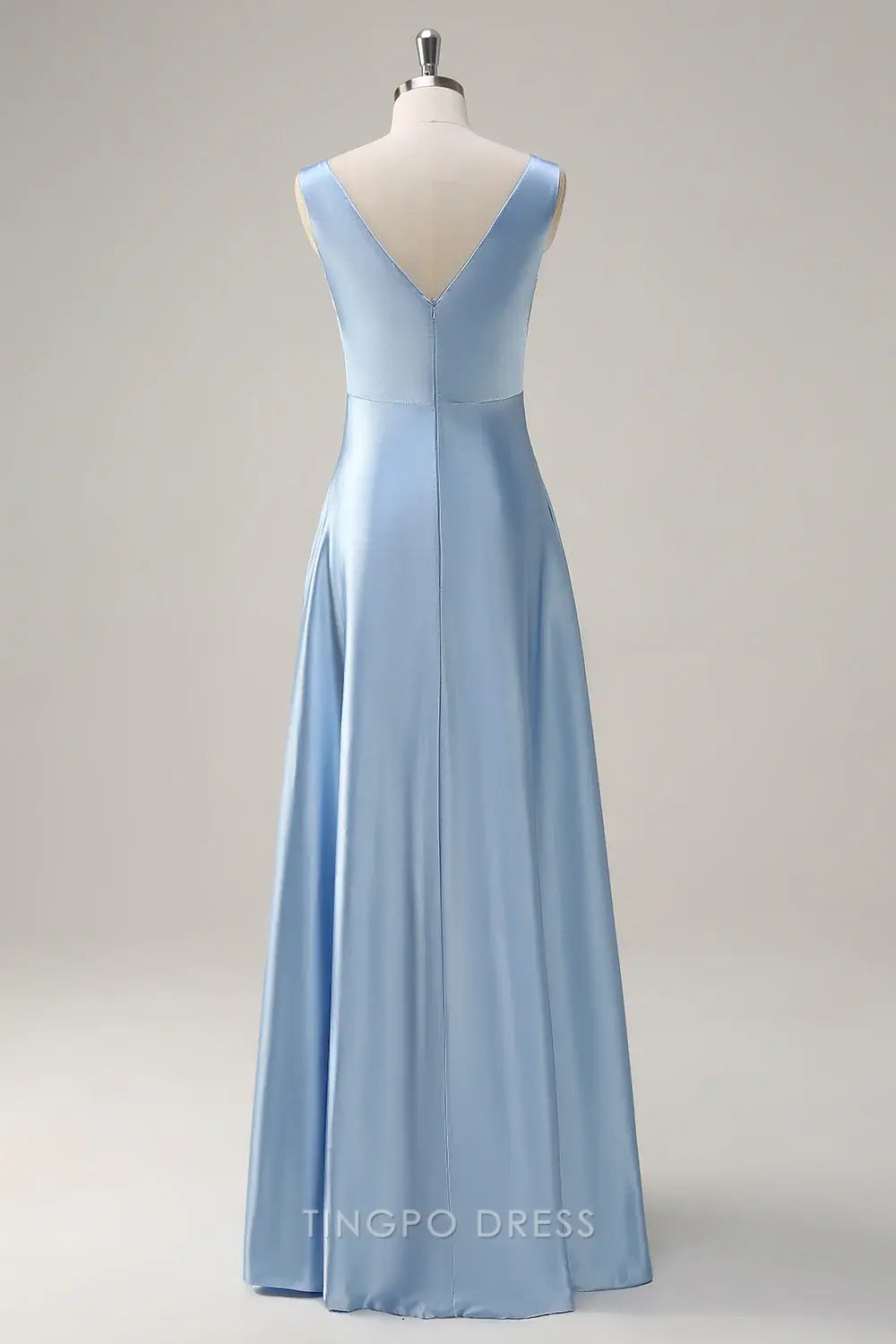 Elegant Sky Blue A Line V Neck Open Back Satin Long Bridesmaid Dress Prom Dress